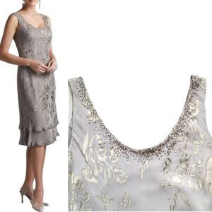 Unique Pure  Silk Burnout Floral Pattern Tiered Sleeveless Midi Embelished Dress